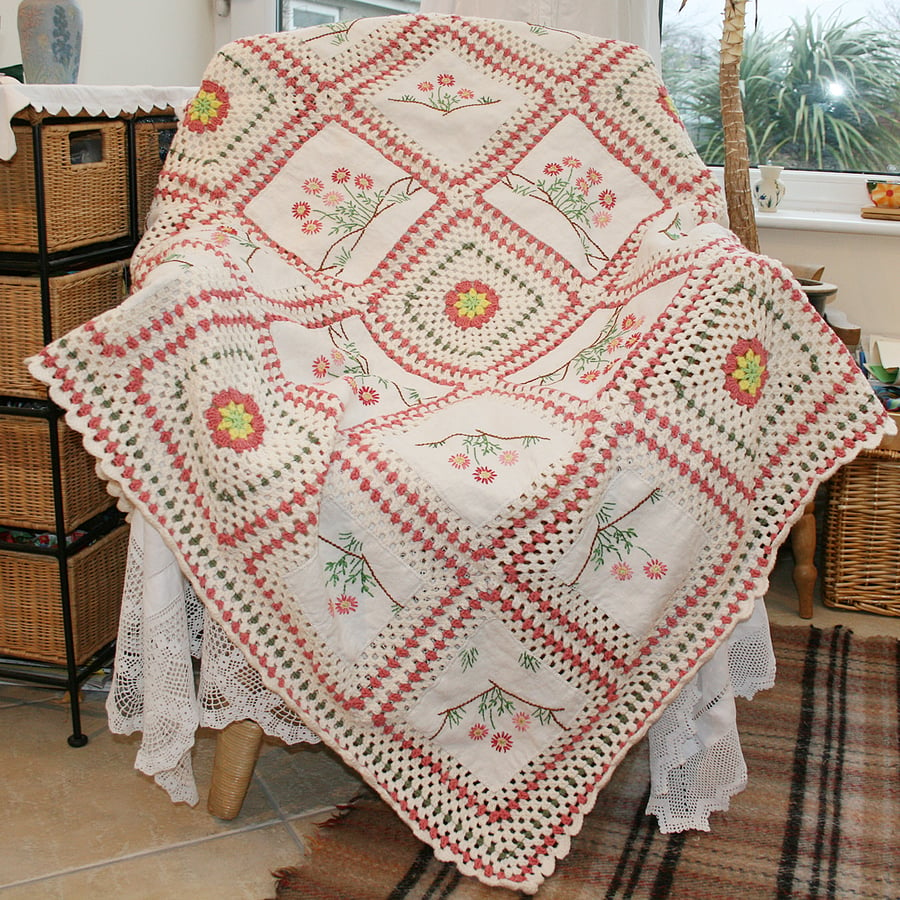 Blanket from Vintage Linen and Crochet - peach and cream