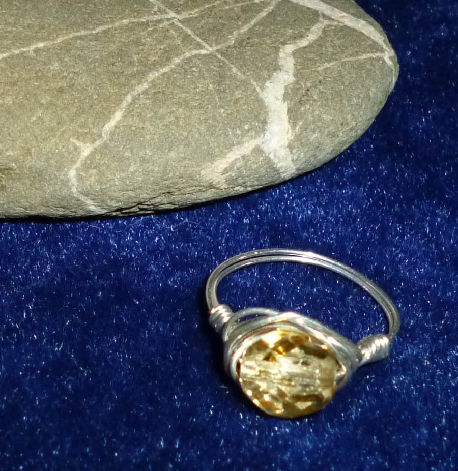 Silver plated wire wrapped ring - light amber crystal & silver