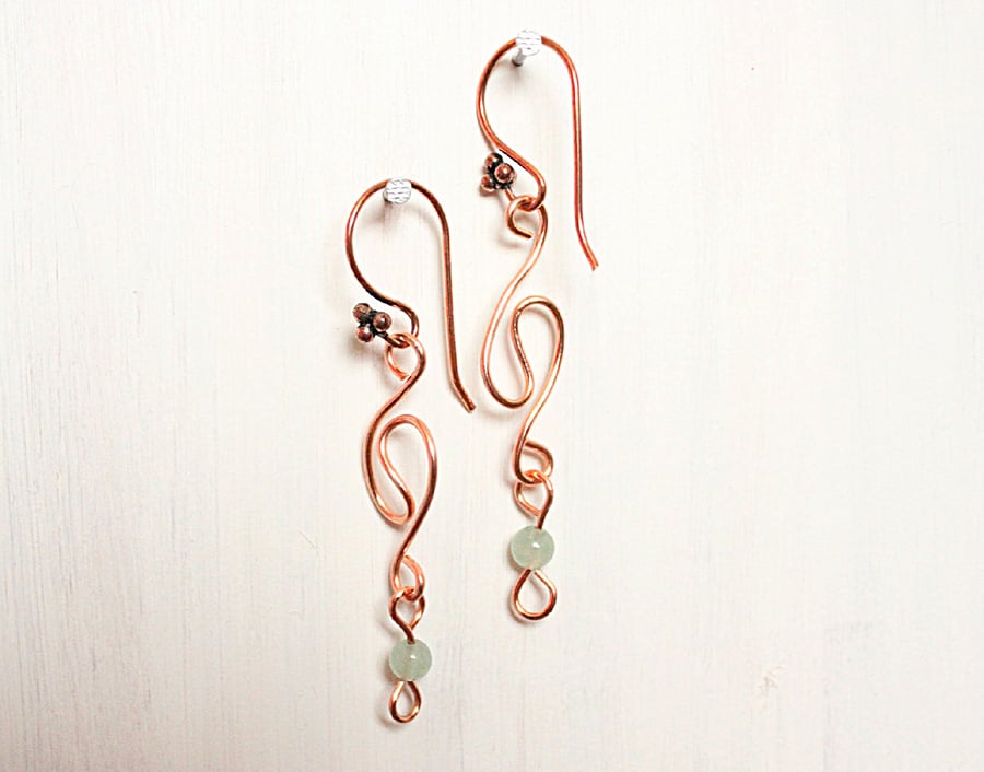 Copper and aventurine swirly loop dangle earrings