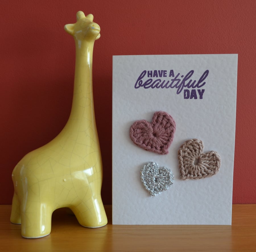 Greeting card with crochet hearts - No. 05