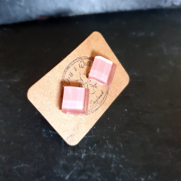 Beautiful High Gloss Glass square stud earrings. Rose Pink. Hypoallergenic.
