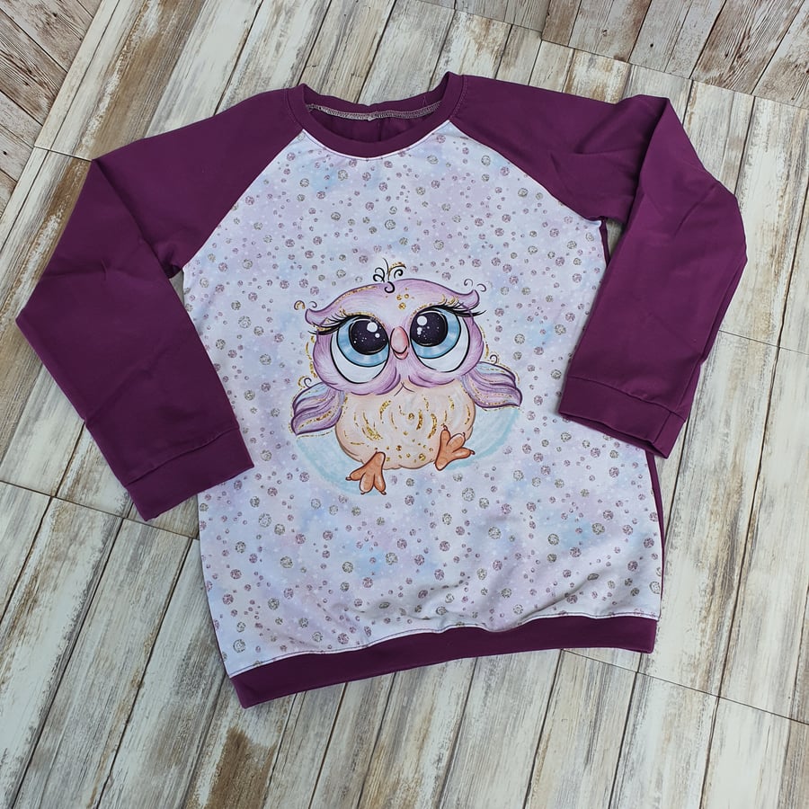 8-9 years Owl Panel kids T-shirt contrasting long sleeves cotton jersey