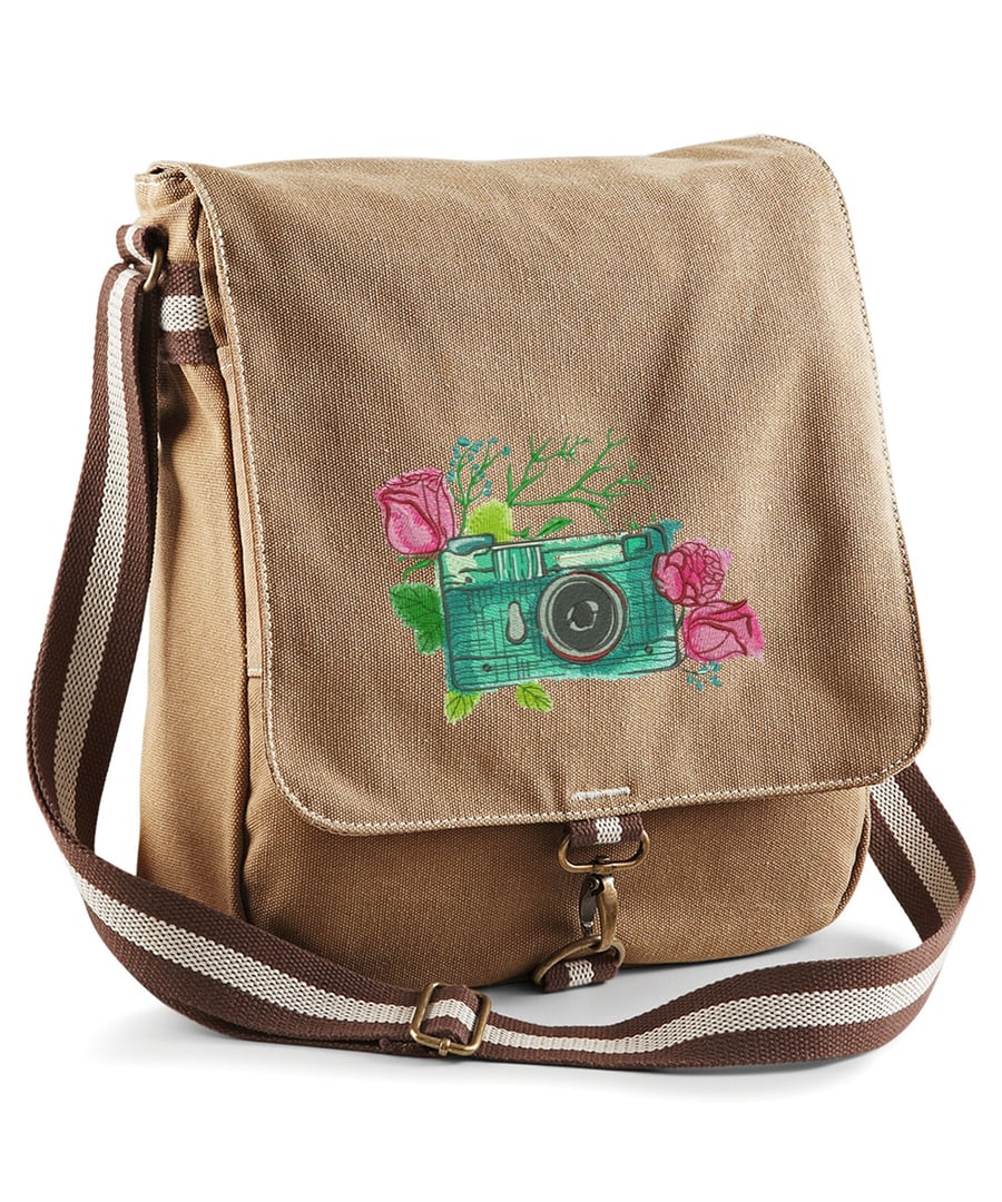 Roses Camera Embroidered Canvas Field Bag