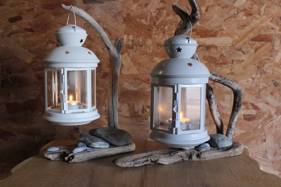 Driftwood & pebble lantern