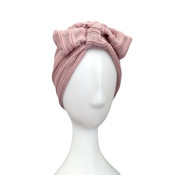 Dusky Pink Retro Turban Hat, Soft Knit Jersey Front Knot Turban for Women