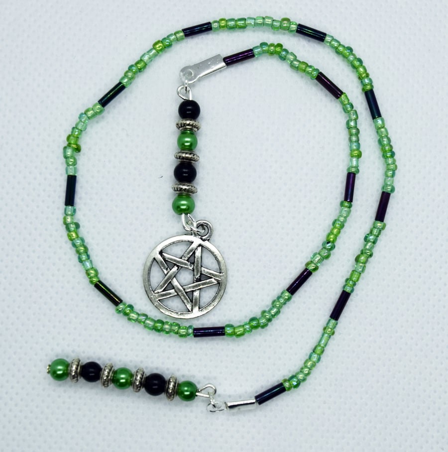 Pentagram Charm Green and Black Glass Seed and Bugle Bead Bookmark, Book Thong