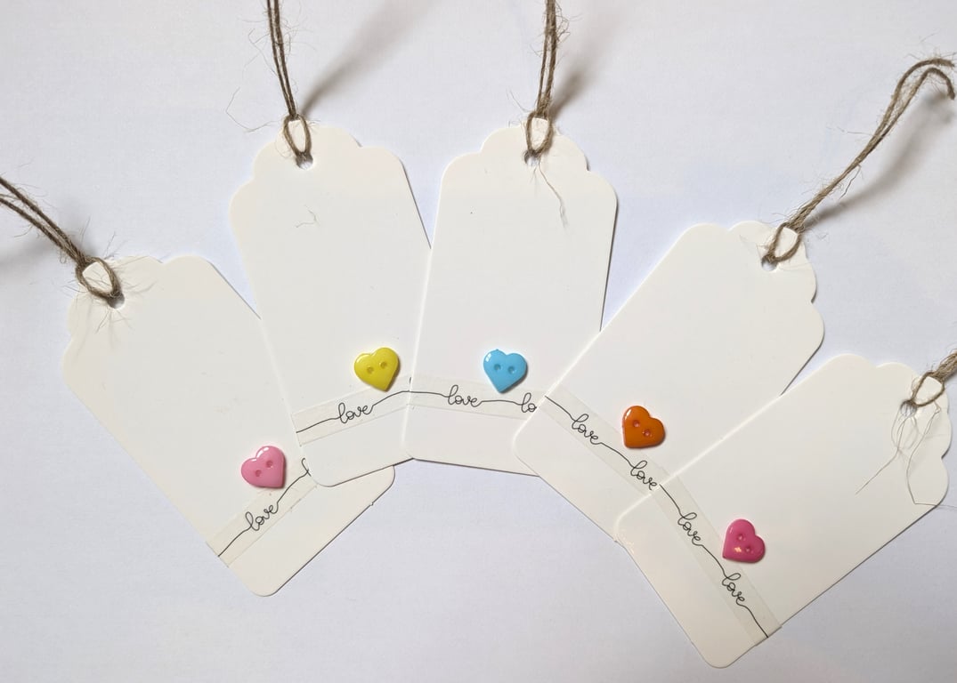 Homemade gift tags made with buttons in packs of 5 - heart love