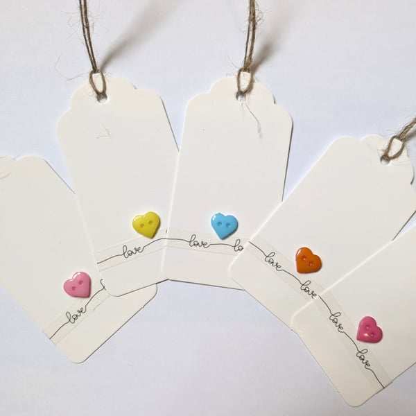 Homemade gift tags made with buttons in packs of 5 - heart love