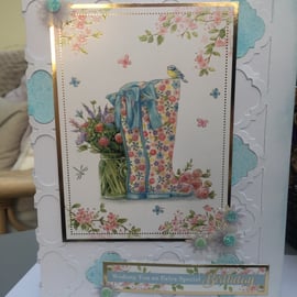 Fancy floral wellington boots fancy trellis birthday card