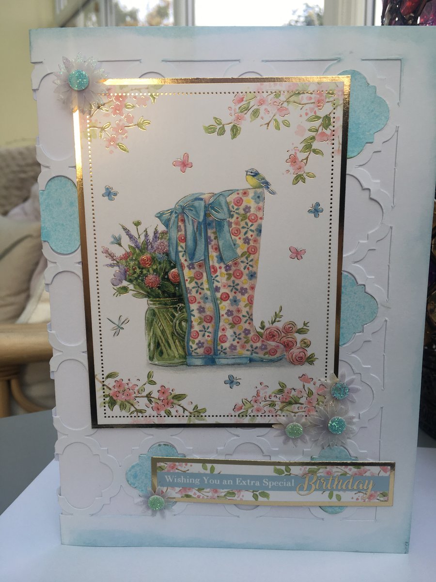 Fancy floral wellington boots fancy trellis birthday card