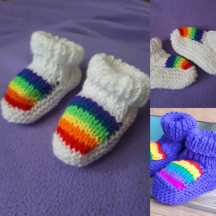 Hand knitted Rainbow striped baby booties adult socks slippers