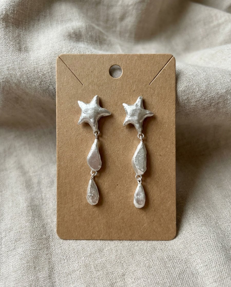 One of a Kind Recycled Sterling Silver Star Drop Earrings