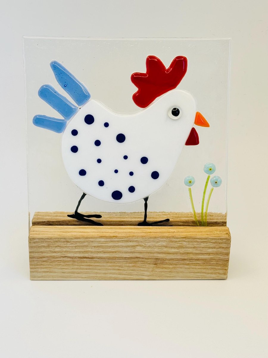 Funky Rooster Fused Glass Panel on Wooden Stand Whimsical Farmhouse Decor