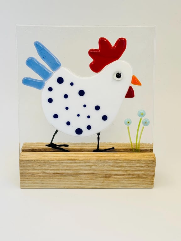Funky Rooster Fused Glass Panel on Wooden Stand Whimsical Farmhouse Decor