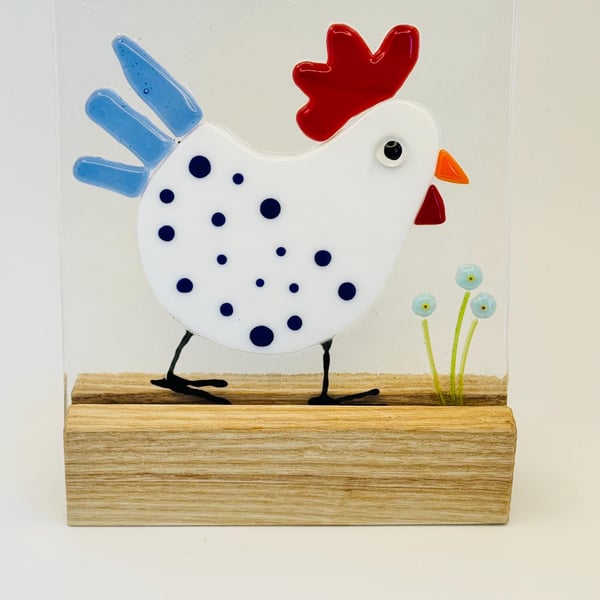 Funky Rooster Fused Glass Panel on Wooden Stand Whimsical Farmhouse Decor