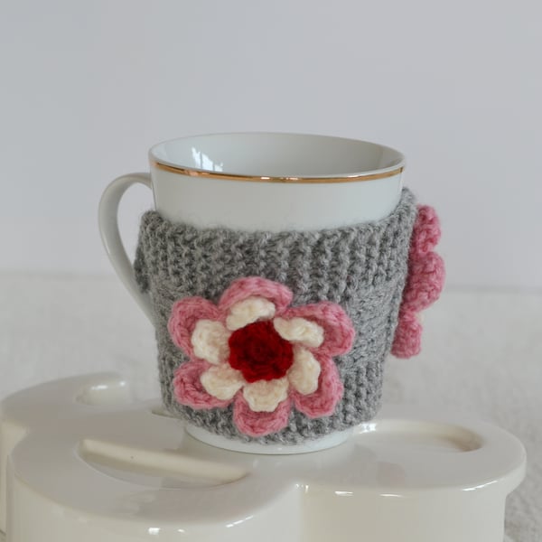 Grey  Knitted Cup Cozy With Flower
