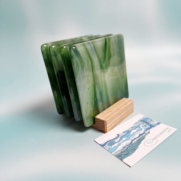 Set of 4 Fused Glass Coasters-Green & White Streaky