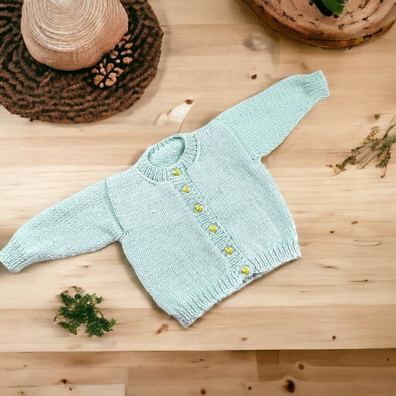 Hand Knitted Baby Cardigan in Duck Egg Blue, Unisex Newborn Knitwear 0-3 Months
