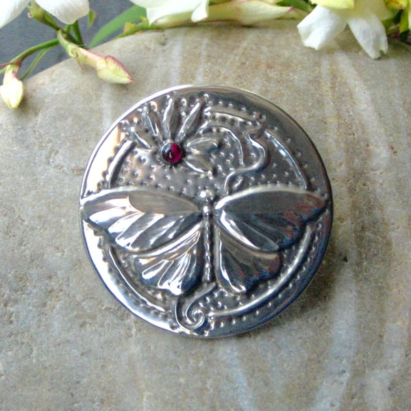 Butterfly Garnet Brooch Handmade in Pewter