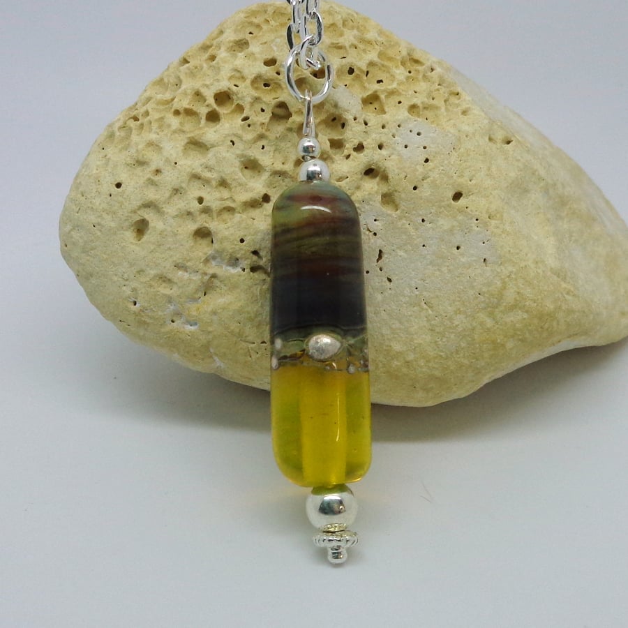 Lampwork glass bead yellow & brown with fine & sterling silver silver 