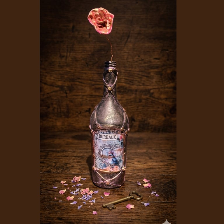 Steampunk Decoupage Altered Bottle Art - "Bureaux" Bird & Rose Sculpture