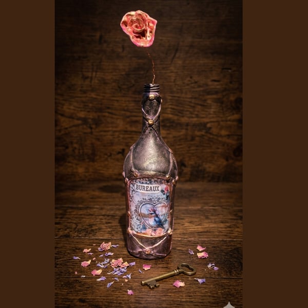 Steampunk Decoupage Altered Bottle Art - "Bureaux" Bird & Rose Sculpture