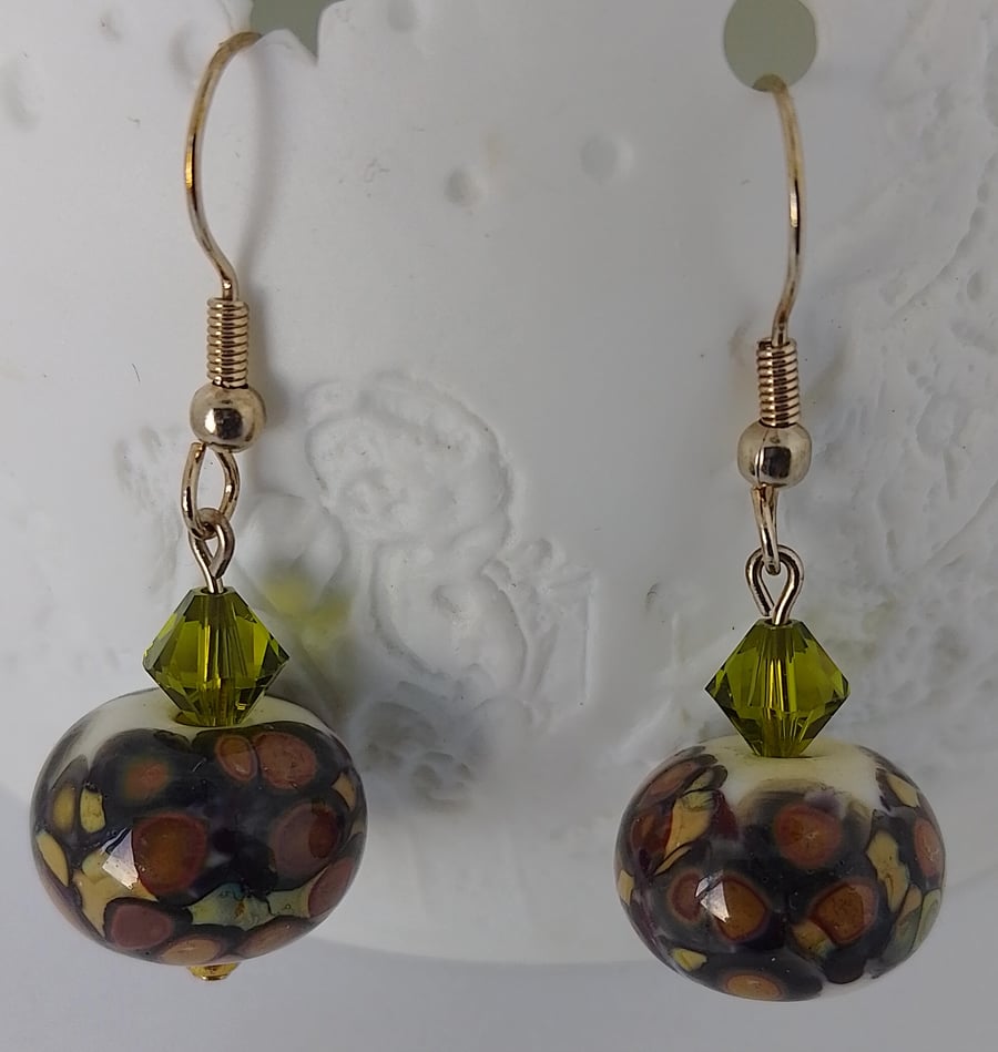 Glass Lampwork Drop Earrings, White, Brown, Olive Green