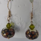Glass Lampwork Drop Earrings, White, Brown, Olive Green