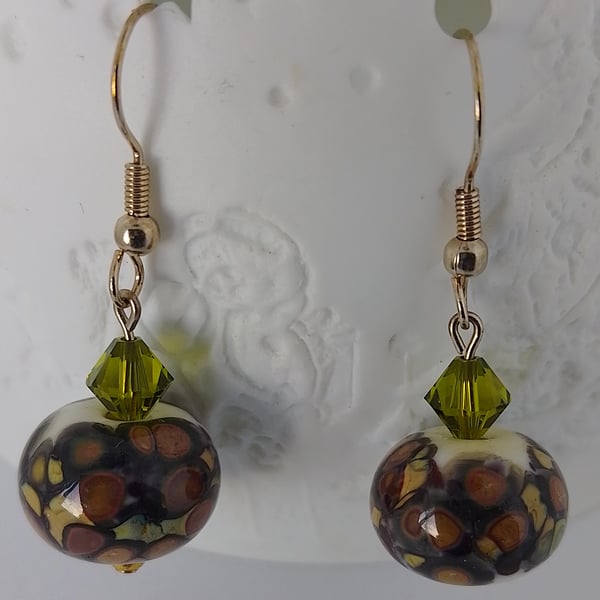 Glass Lampwork Drop Earrings, White, Brown, Olive Green