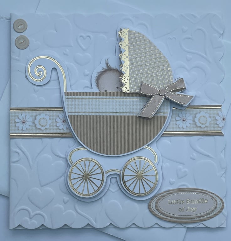 Little bundle of joy baby in a pram new baby card