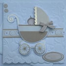 Little bundle of joy baby in a pram new baby card