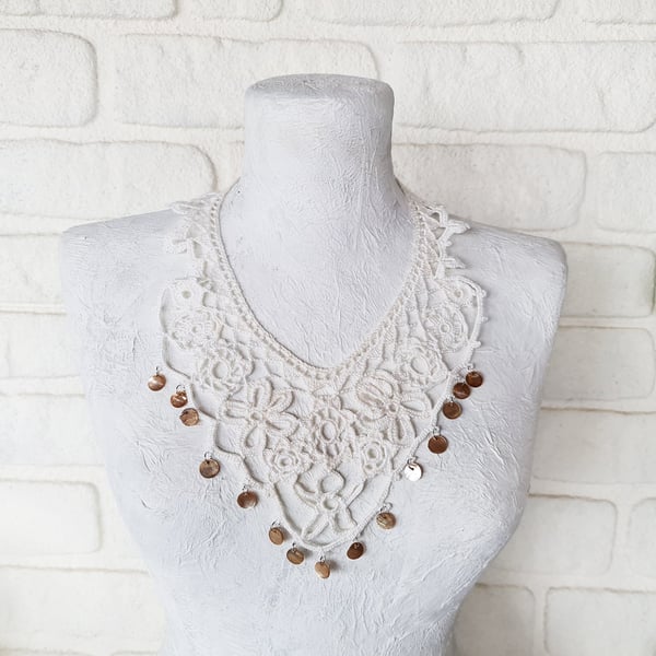 White wedding hand crochet necklace with pearl flakes Wedding boho jewelry
