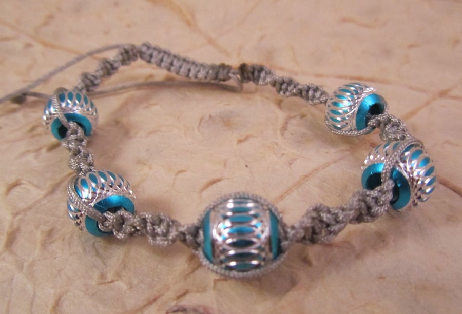 Grey Macrame Bracelet with Blue and Silver Colour Aluminium Beads