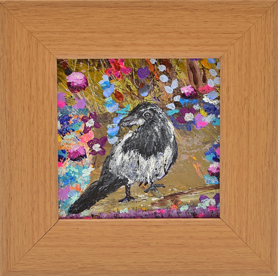 Small Framed Painting of a Magpie (5.5 x 5.5 inches. Ready to Hang)