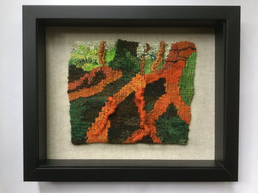 Framed handwoven tapestry weaving, trees textile art in green and orange