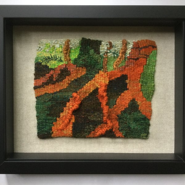 Framed handwoven tapestry weaving, trees textile art in green and orange