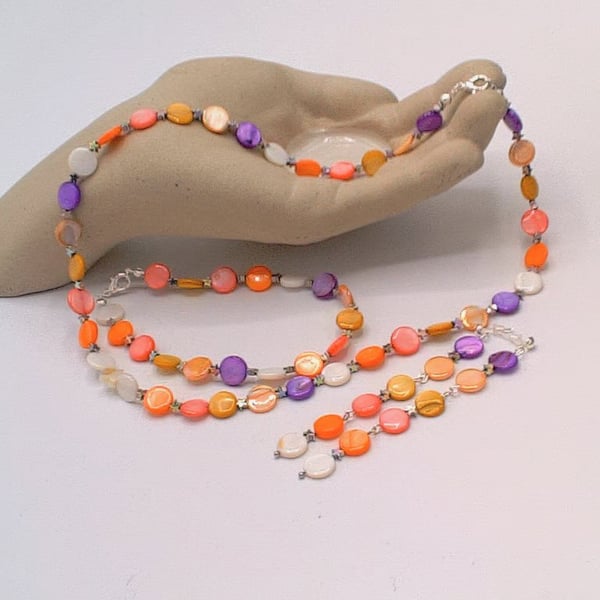 Multi Coloured Dyed Shell Coin Bead Necklace Bracelet and Earrings Set, Gift Set