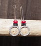 HOOPS, Sterling silver dangle hoop earrings, hematite and red jade hoops earring - Image 2