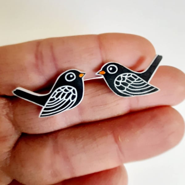 Blackbird Earrings, Shrink Plastic Jewellery