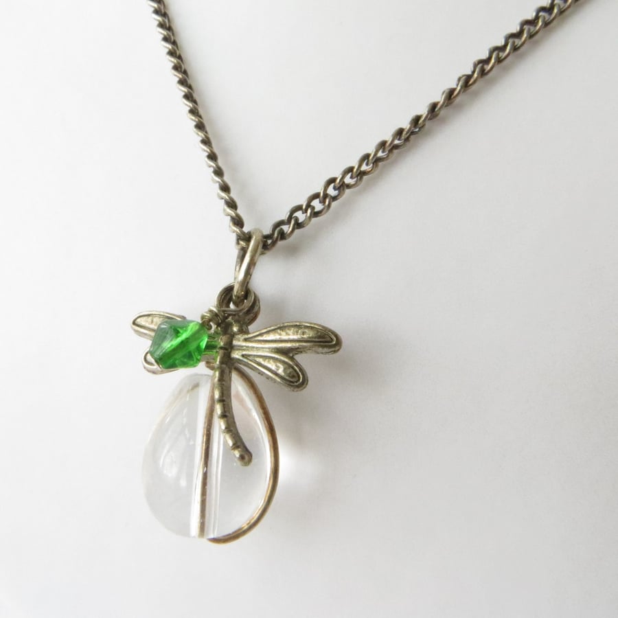 Necklace with Dragonfly, Green Crystal and Clear Glass