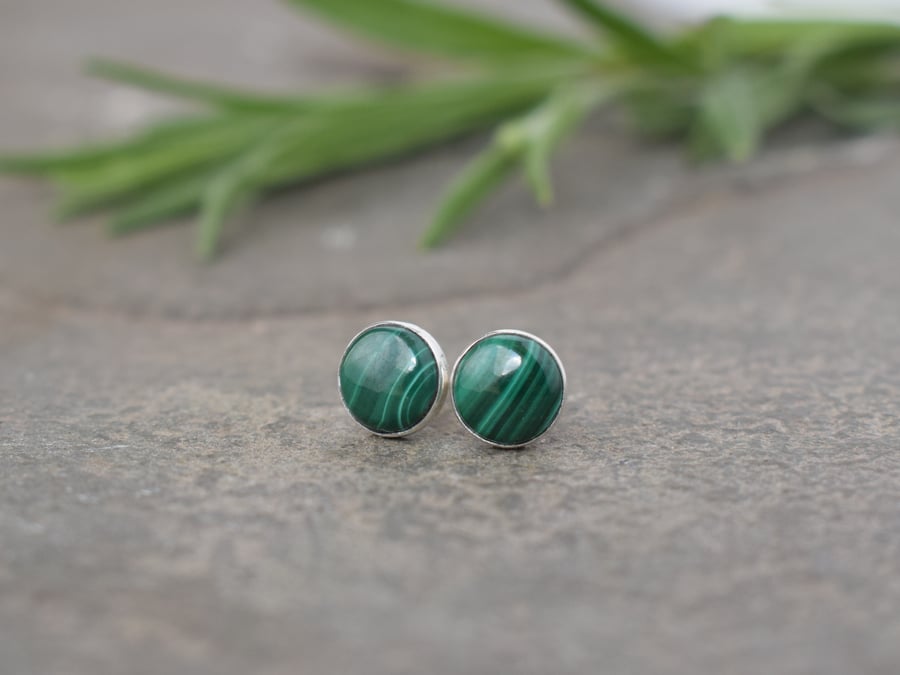 Malachite Green Stud Earrings - Sterling Silver Studs