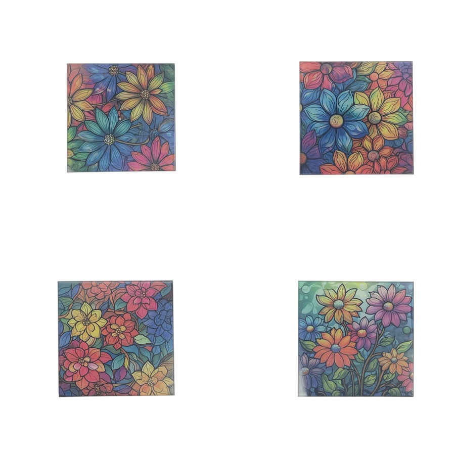 Rainbow Flower Stained Glass Style Coaster Set