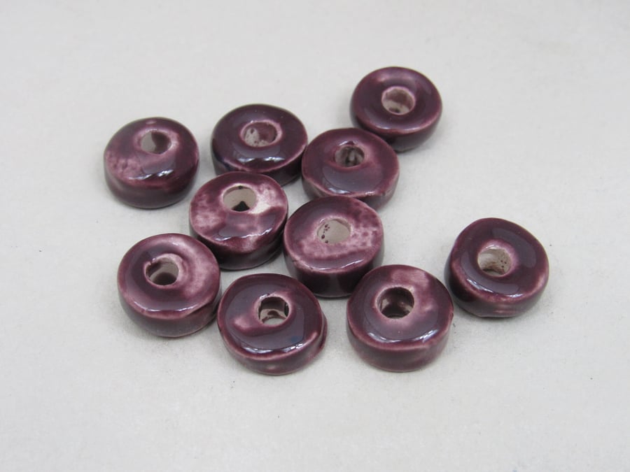 10 Small Aubergine Purple Glazed Ceramic Washer Beads