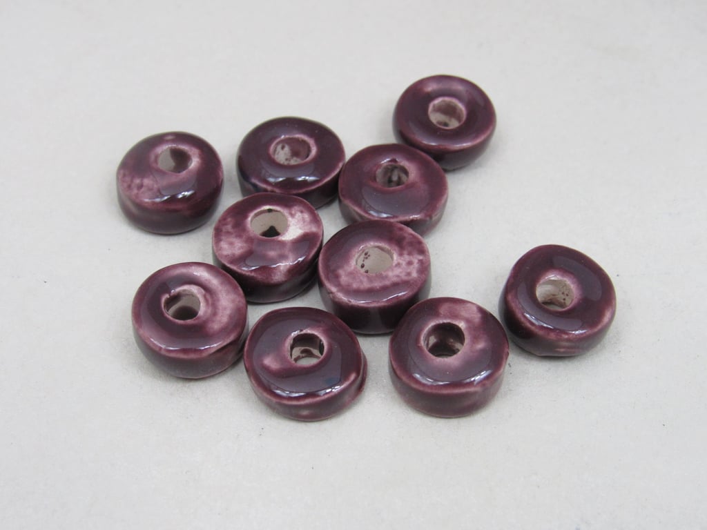 10 Small Aubergine Purple Glazed Ceramic Washer Beads