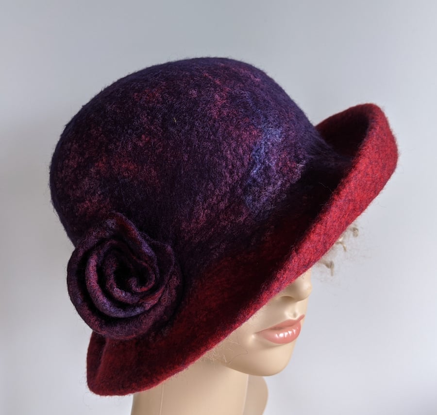 Aubergine and red felted wool hat - One of the 'Squashable' range