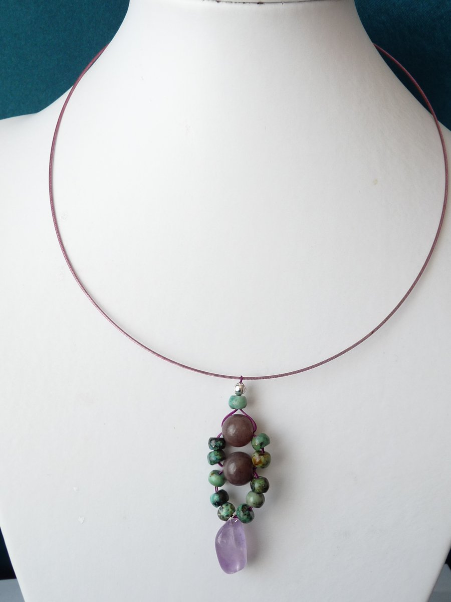 Ametrine, Adventurine & Turquoise Memory Wire Necklace - Genuine Gemstone