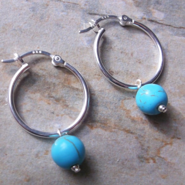 Sterling Silver 20mm Hinged Hoop Earrings with Grade A Turquoise Gemstones.