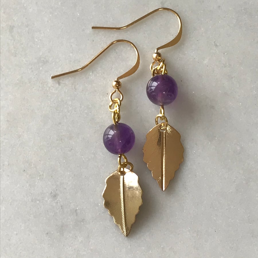 Amethyst gemstone dangle earrings with gold leaf charm and fish hook ear wires
