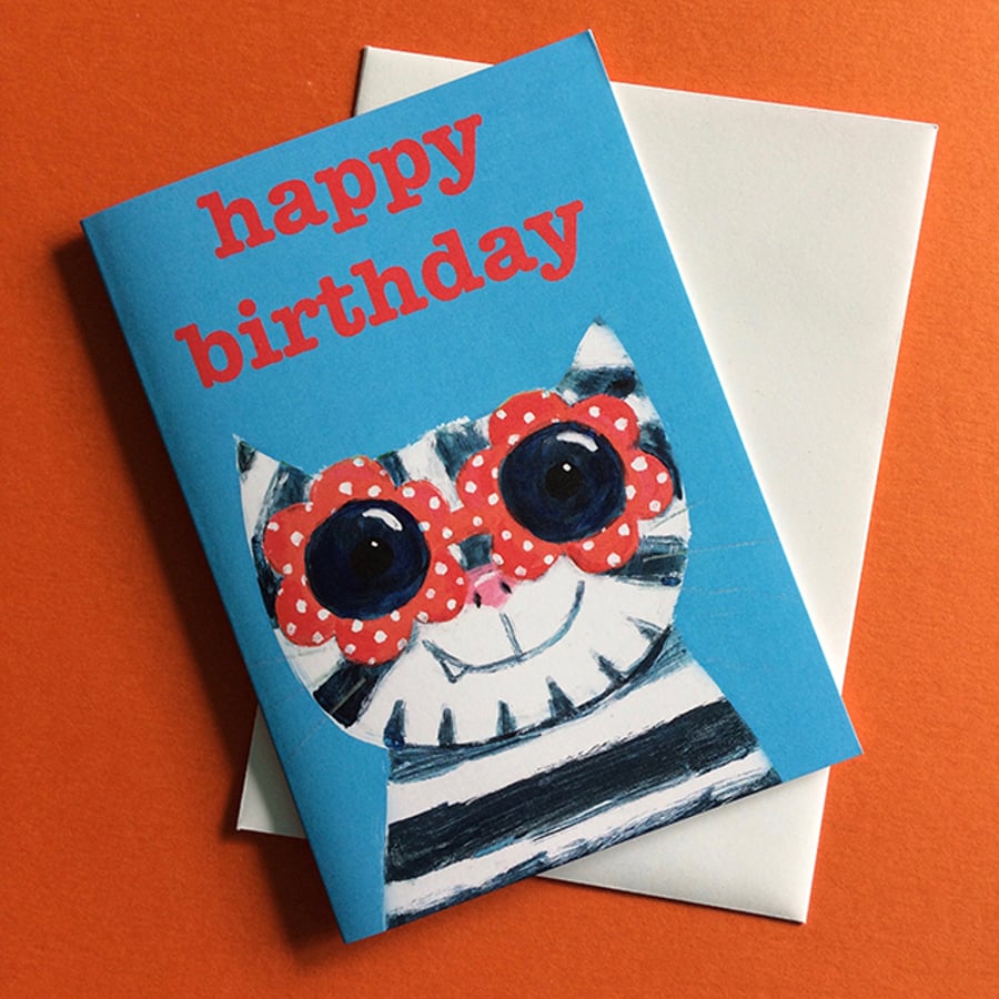 Cool Cat  with sunglasses birthday card in blue card for cat lover by Jo Brown