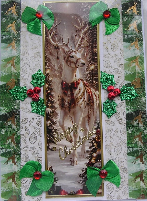 Hand Crafted Decoupage Chistmas Card - Happy Christmas (3394) Reindeer Stag